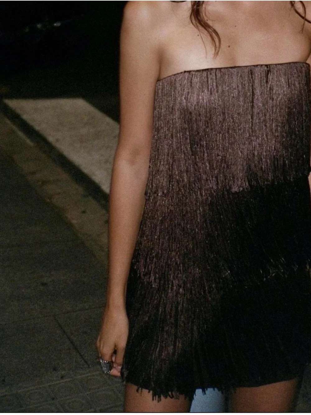 Zara Brown Strapless Fringe Mini Dress - Picture 3 of 5